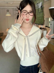 Sweet Sailor Collar Sweaters Women Vintage Preppy Style Fall Knitted Jumpers Casual Long Sleeve Lady Loose Striped Pullover New