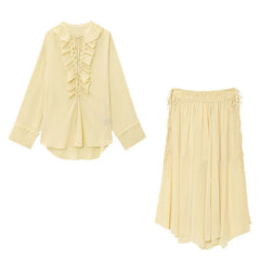 Fashion V-neck Long Sleeve Shirt And Long Skirt Women Set Yellow Ruffle Chic Top + Slit Skirt Vacation Beach Summer 2 Piece Set
