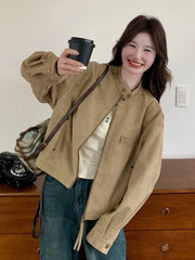 Women Faux Suede Y2K Jacket Streetwear Loose Long Sleeve Vintage Coat American Casual Harajuku Retro Stand Collar Fall Tops