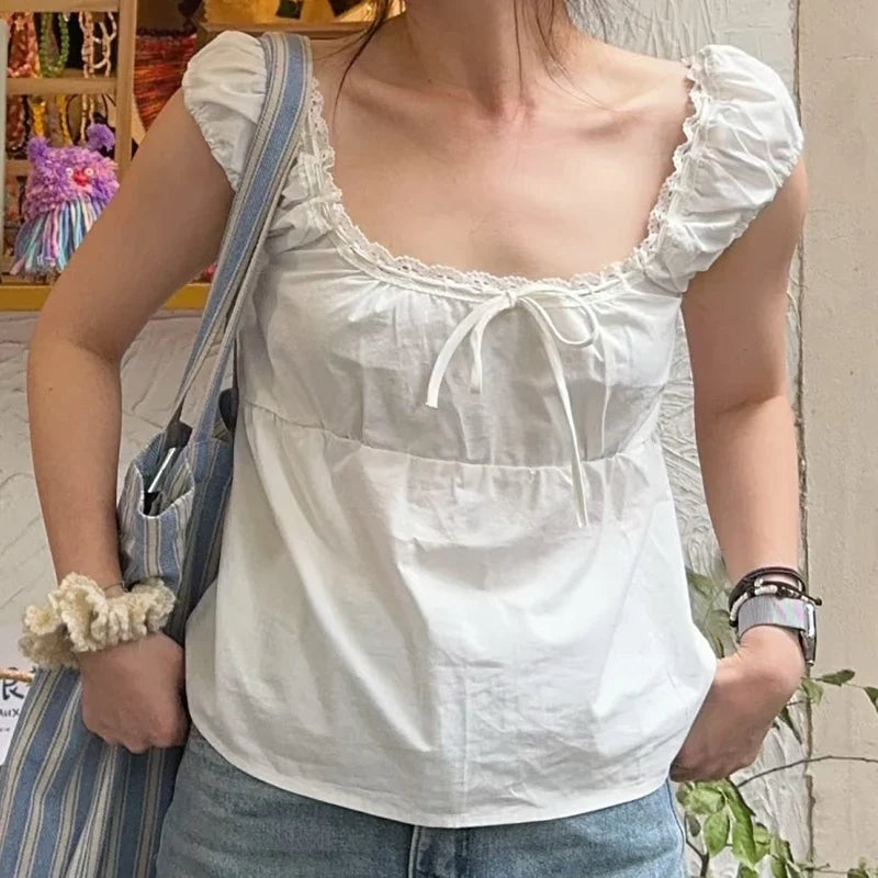 Women Fairy Grunge Babydoll Tops Y2k Lace Trim Short Sleeve T-shirt Korean Aesthetic Cute Square Neck Crop Top Milkmaid Blouses