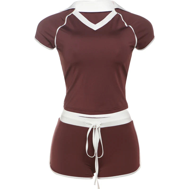 Sporty Casual Women 2 Piece Set Tracksuit Stretch Polo Neck Crop Tops+Wide Waist Shorts Fit Matching Streetwear Outfits