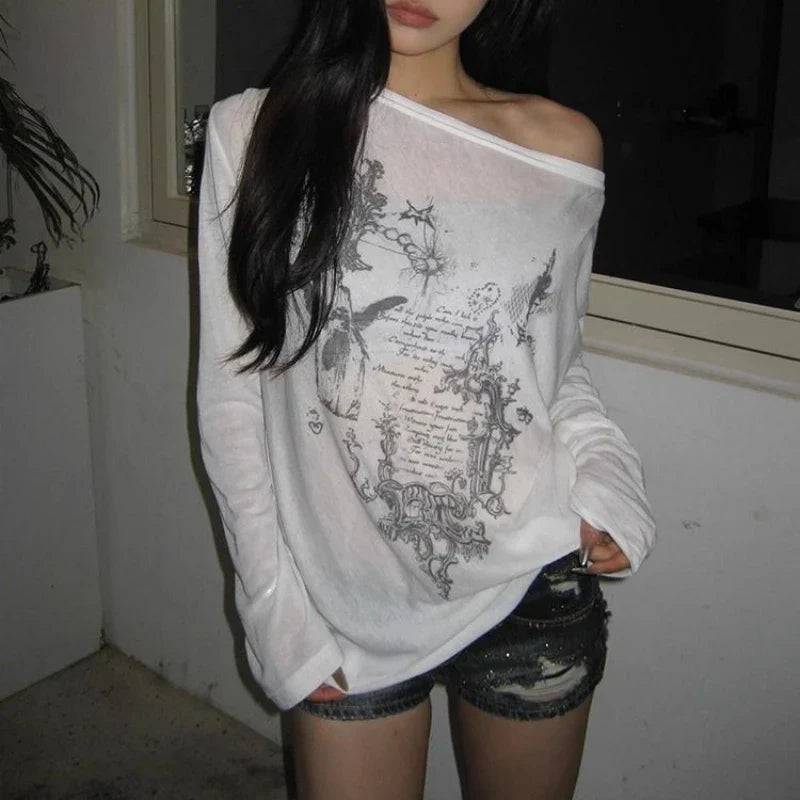 Korean Fashion Graphic Tees Women Transparent Vintage Gothic T Shirt Long Sleeve Loose Punk T-shirt Streetwear Tops