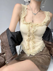 Women's Sweet Girl White Lace Knitted Crop Top Korea U-Neck Spaghetti Straps Tank Top 2025 Summer Female White Lace Stretch Cami