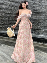 Women Sexy Slash Neck Holiday Flower Print Maxi Dresses Summer Ruffles Sleeve Slim Dress Elegant Backless Long Robe Vestidos New