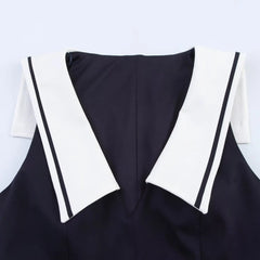 Fashion Turn Down Collar Pleated Short Dress 2025 New Navy Blue Sleeveless Chic Korean Tank Dress Streetwear Y2K Woman Clothing