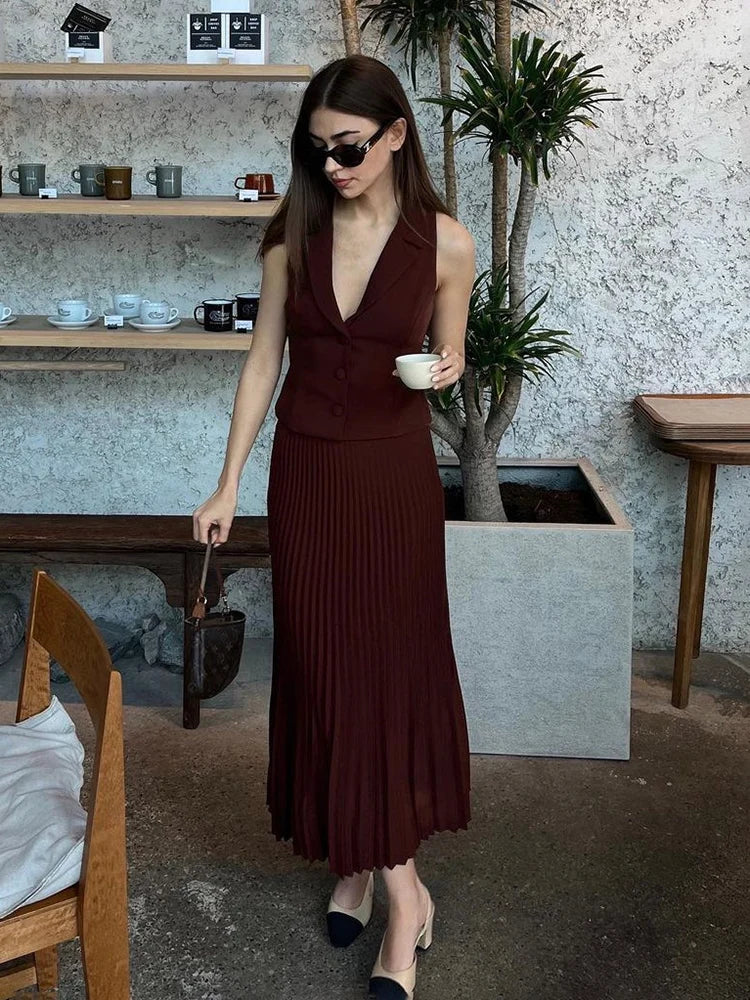 Folds Long Skirt Two Pieces Set Women's Notched Sleeveless Short Vest Top High Waist Solid Maxi Skirt Fashion Sets