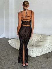 Hollow Out Print Back Split Maxi Dress Women Gown Summer New Black Sleeveless Bodycon Sexy Party Long Dress Vestidos