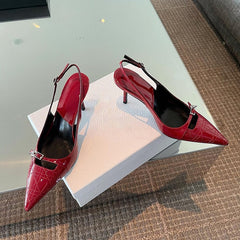 Solid Pointed Toe Slingbacks Patent Leather High Heels Buckle Strap Stiletto Pumps Metal Decor Women Shoes Sexy Shallow Zapatos