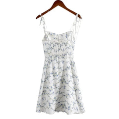 Fashion Blue Floral Print Short Dress Elastic Chest Zipper Party Beach Slip Dress 2025 New Square Collar Sweet Chic Vestidos