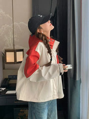 Vintage Patchwork Cargo Jacket Women Loose Preppy Style Long Sleeve Sweet Coat Casual Fall Female Retro All Match New Tops