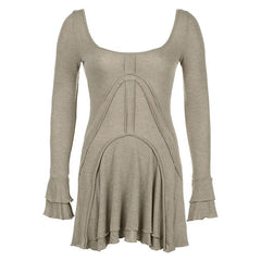 Vintage Khaki Flare Sleeve A-Line Dress