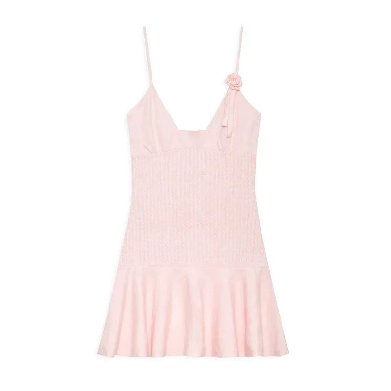 pink knit flower strap black V-neck dress short for women