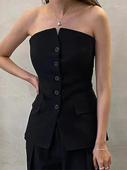 Elegant Strapless Tube Tops Women Off Shoulder Slim Sleeveless Backless Single Breasted Black Vests Autumn Office Lady Outwears