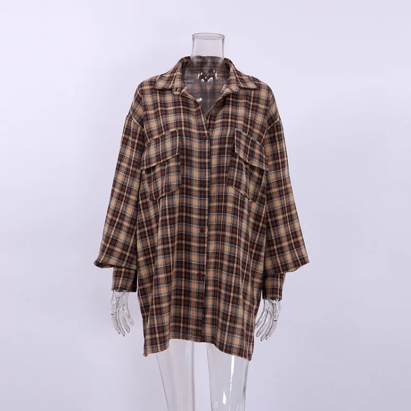 Spring and Autumn American Retro Checkered Shirt Women's Long Style Design with Bottom Checkered Shirt Loose