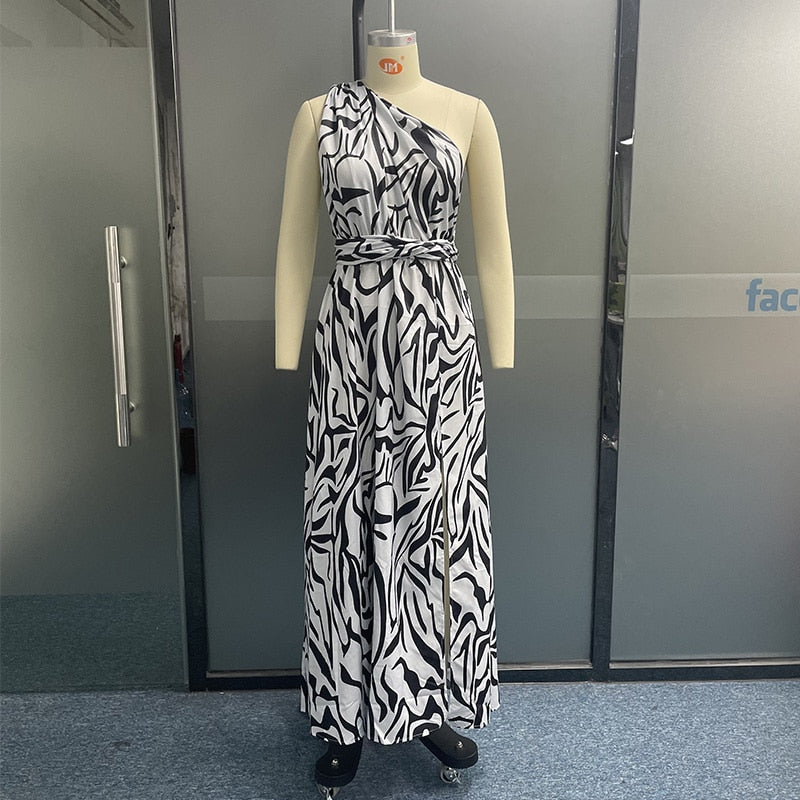 Women Maxi Dress Summer Fashion One Shoulder Sleeveless Slit Backless Nipped Waist Long Skirt Party Evening Dresses