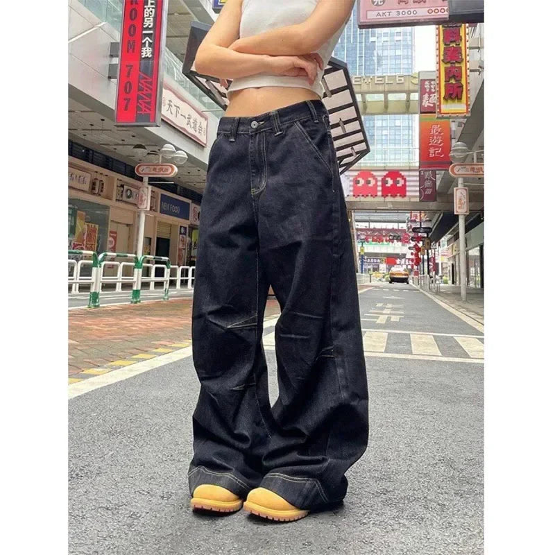 Grunge Black Jeans Women Y2k Vintage Oversized High Street Wide Cargo Denim Trousers Casual Baggy Straight Denim Pants