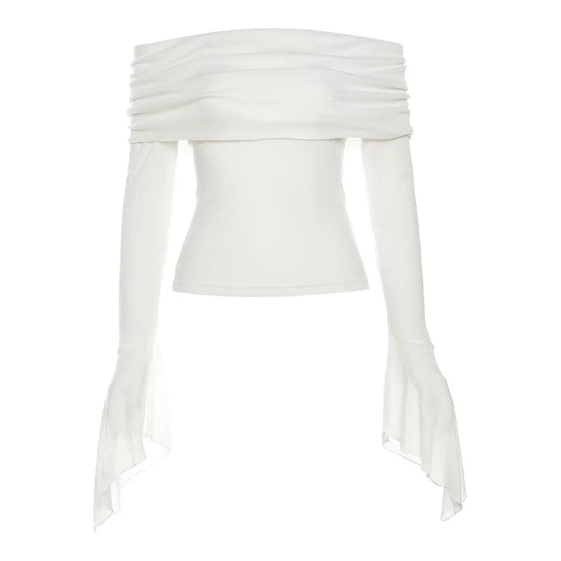 Fashion sexy slash-neck neck backless long sleeve T-shirt for women spring autumn solid color slim stacked trumpet sleeve tops