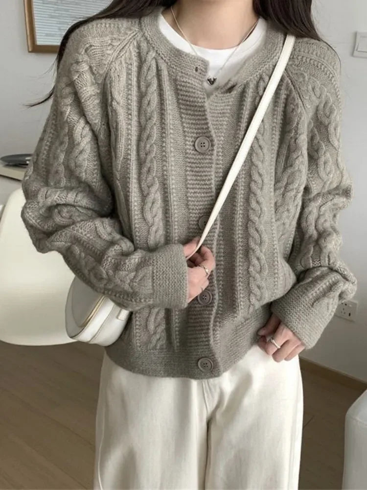 Korean Fashion Cropped Cardigan Women Vintage Twisted Knitted Sweater Casual Basic Solid Long Sleeve Tops Autumn Winter