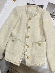 French Sweet Tweed Jacket Women O Neck Elegant Slim Long Sleeve Coat Vintage Casual Single Breasted Female Fall Winter Tops