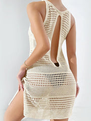 Hollow Out Side Slit Bikini Crochet Retro Cover Up Women Solid Beach Skirt Swim Dress Bathing Suit
