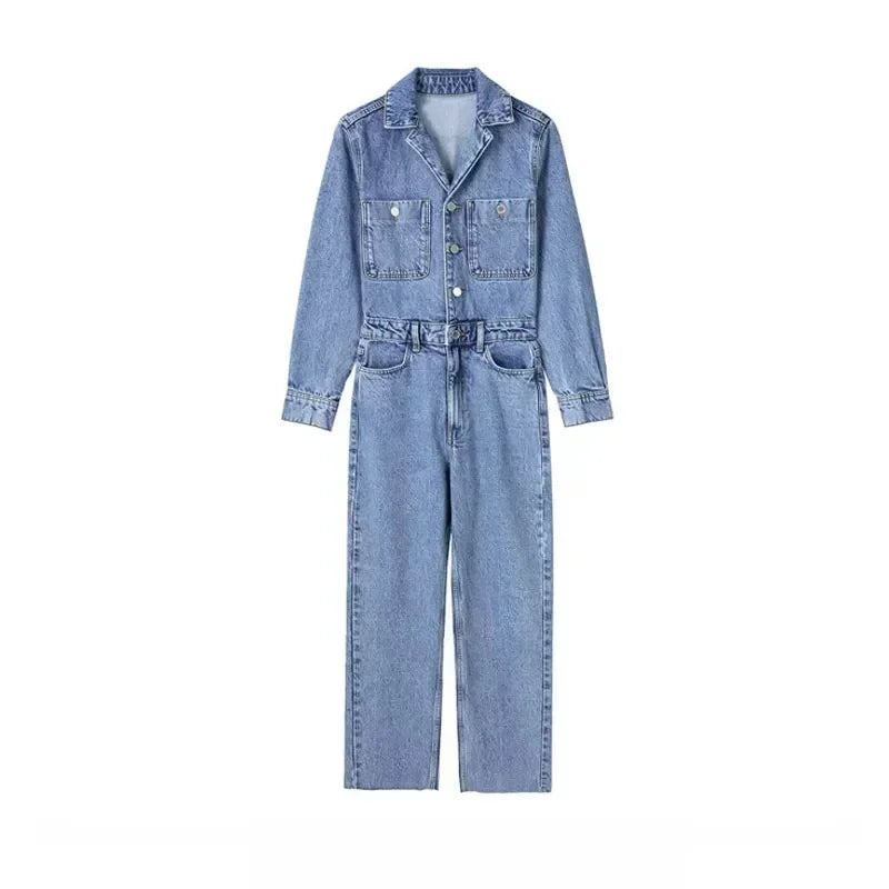 Autumn Denim Jumpsuit for Women Overalls Woman Jean Overalls Long Sleeve Elegant Jumpsuits Y2k Streetwear Turn Down Collar