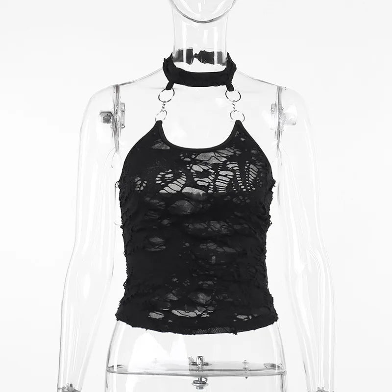Gothic Halter Crop Top Women Vintage Cyberpunk Y2K Backless Ring Tank Top Sexy Harajuku O-Neck Bodycon Basic Tops