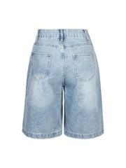 Women Summer Denim Jorts Vintage Cat Whisker Washed Loose Slant Pockets Daily Wear Bermuda Knee-length Shorts