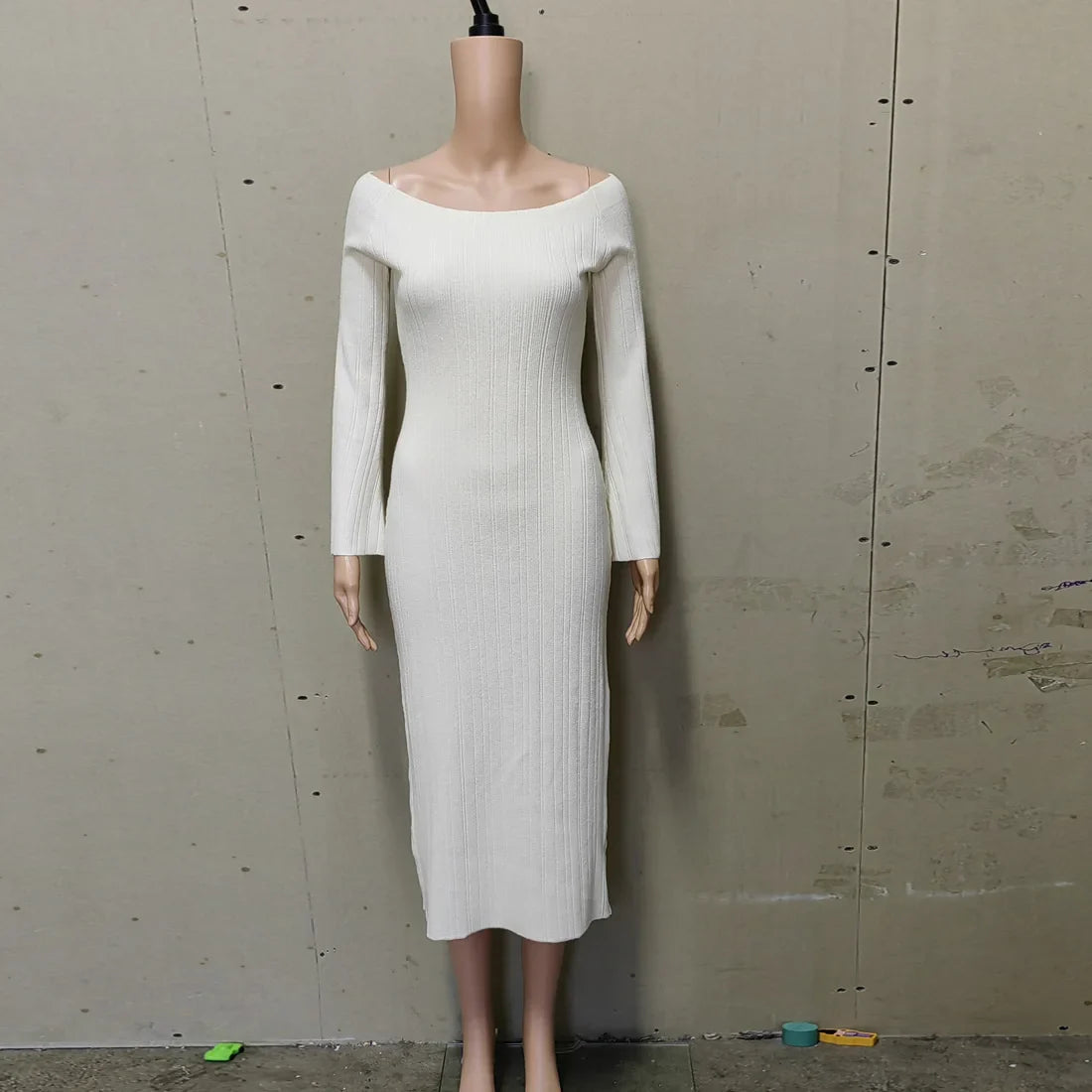 Simple Ribbed Knit Long Skirt Solid Color Slash Neck Chic Spring Autumn Women Dress Core Spun Yarn Fashion Slim Dresses 2025 New
