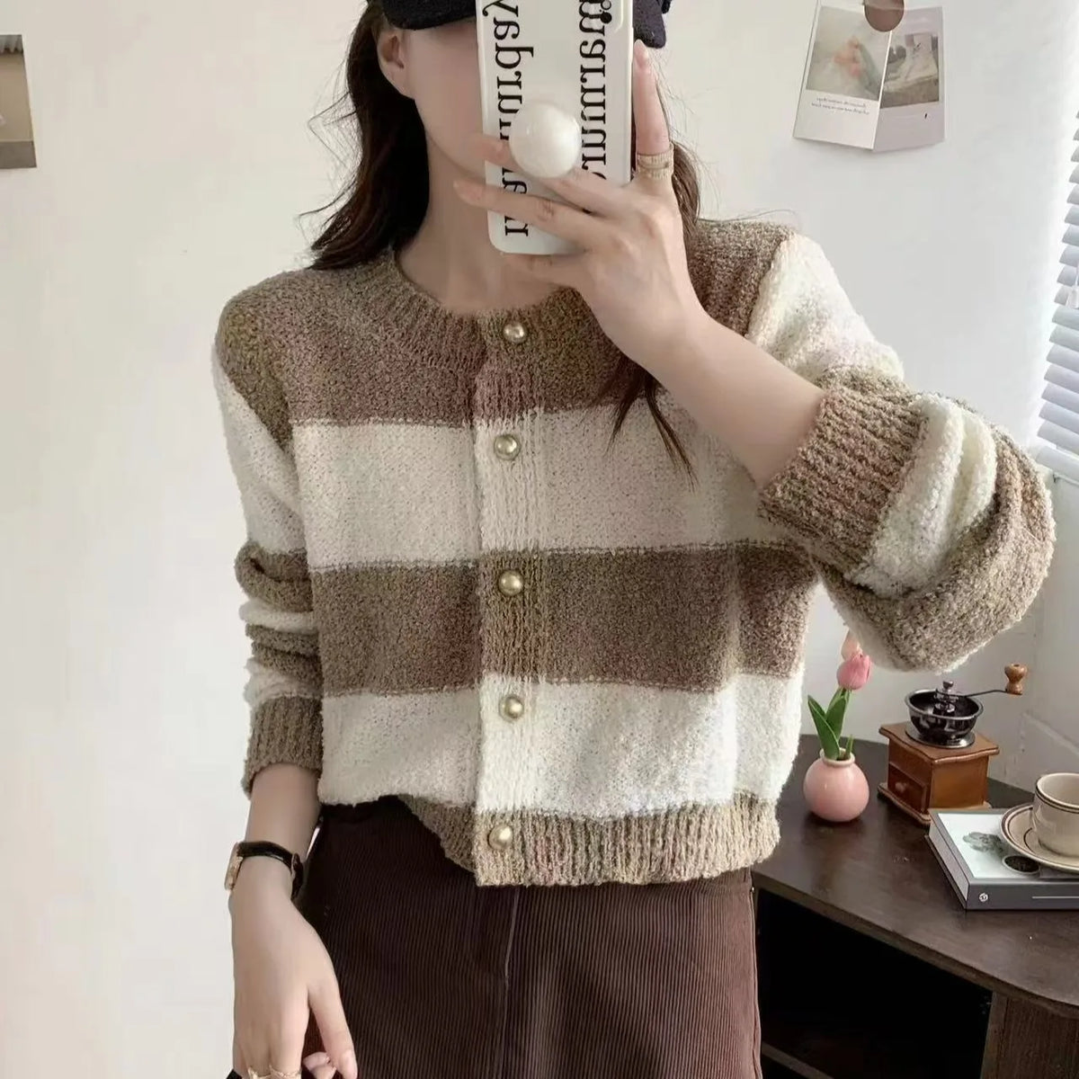 Women's Acrylic Long Sleeve O-Neck Button-Down Striped Cropped Knit Cardigan Ladies Autumn Winter Korean Fashion Knitwear