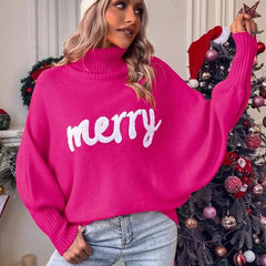 Pbong  Christmas Fashion Autumn Winter Knit Sweaters Turtleneck Sweater Women Elegant Merry Letter Print Long Sleeve Pullovers Female
