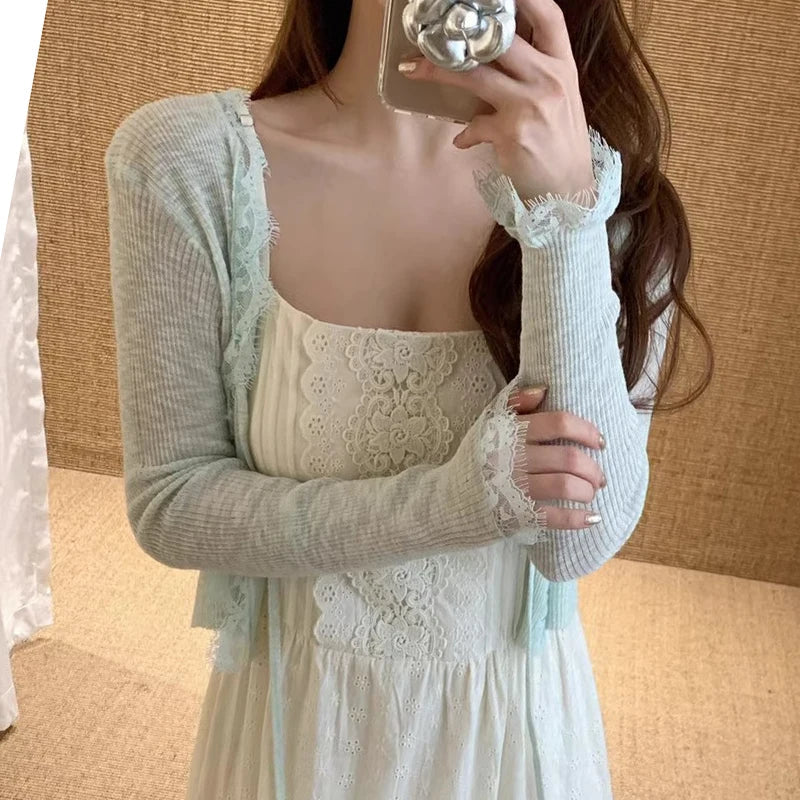 Lace Trim Tie Up Knit Top for Women Sheer Knitted Crop Cardigan Long Sleeve Open Jacket Teen-girl Y2K Sweetgirl Cute Outfit