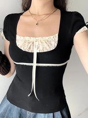Sweet Y2K Contrast Lace Patchwork Square Collar Black T-Shirt Women Short Sleeve Basic Balletcore Cute Summer Tops