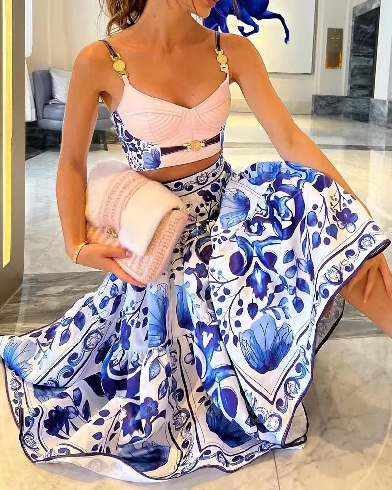 Pbong  Amazon Best Selling New Style Printing Tank Skirt Set Large Movement Dress 2-Piece Set Fashionable Independent Station