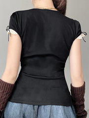 Sweet Y2K Contrast Lace Patchwork Square Collar Black T-Shirt Women Short Sleeve Basic Balletcore Cute Summer Tops