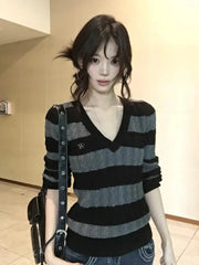 V Neck Vintage Striped Sweater Women Sexy Slim Long Sleeve Y2K Knitted Jumper American Retro Harajuku Letter Fall Pullover