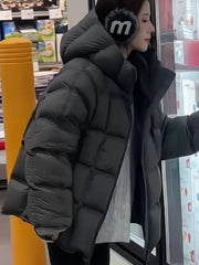 Women Korean-Style Hooded Glossy Cotton Coat Zipper Pocket Long-Sleeve Warm Parka for Autumn Versatile Outerwear Casual New