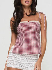 Y2k Plaid Crop Camisole Summer Kawaii Backless Bow Tie Straps Tank Tops For Women Sleeveless Casual T-Shirt Streetwear