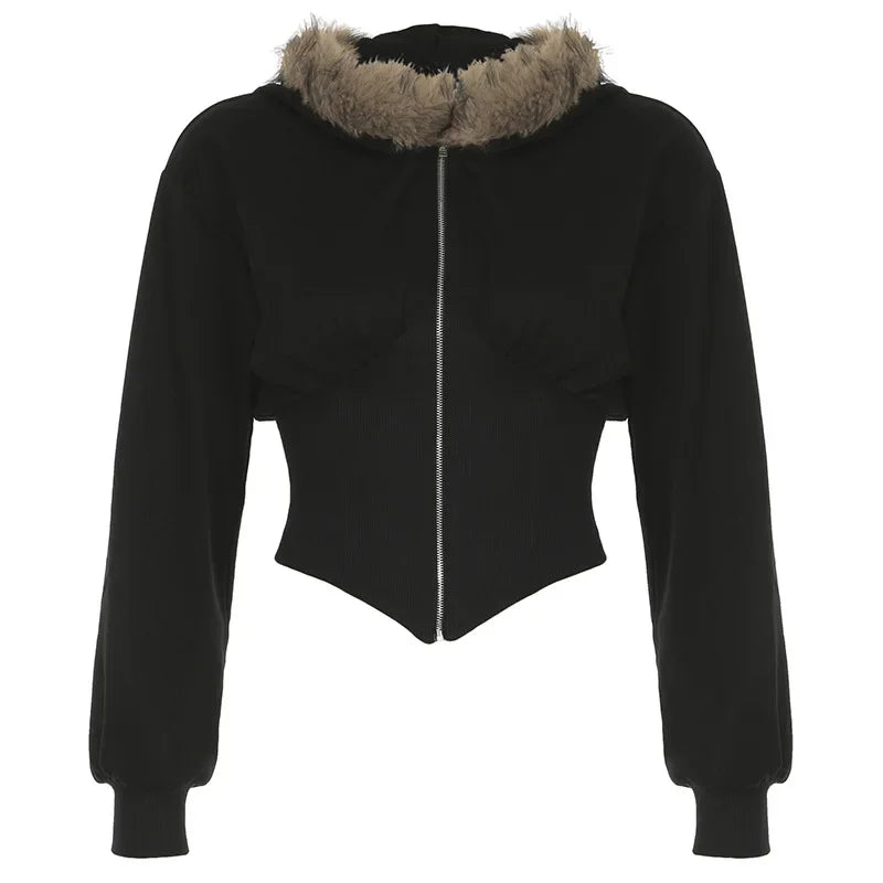 Autumn Slim Waist Office Lady Zip Up Cardigan High Streert Harajuku Euramerican Punk Sweatshirts Y2k Aesthetic Japan Clothes
