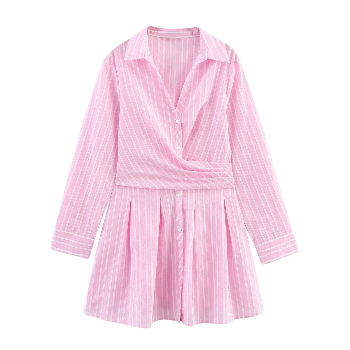French Fashion Striped V-neck Long Sleeve Short Dress Chic Loose Single Breasted Pleat Summer Dress New Female Clothing