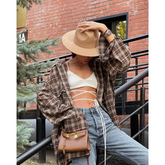 Spring and Autumn American Retro Checkered Shirt Women's Long Style Design with Bottom Checkered Shirt Loose