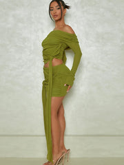 Green Ruched Skirt Set Women Off-shoulder Long Sleeve T-shirt And Mini Skirt Matching Sets Bodycon Sexy Dress Set