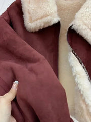 Faux Lamb Suede Jacket Women Winter Warm Long Sleeve Vintage Cotton Coat Korean Casual Lady Thick Long Sleeve Retro Tops