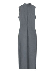 Elegant Women Solid Slim Dress Autumn New Female Simplicity Design Long Dress Fashion Rear Split Sleeveless Dress