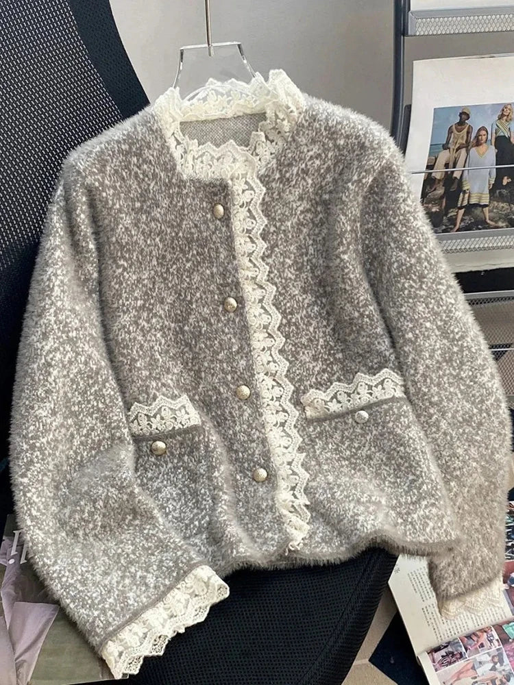 Faux Mink Cashmere Gray Cardigan Women Lace Patchwork Long Sleeve Elegant Knitted Sweaters Vintage Korean Casual Pockets Tops