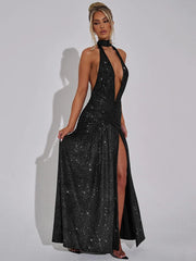 Glitter Deep V Neck Sexy Maxi Dress For Women Gown Fashion Sparkle Halter Sleeveless Backless Split Club Long Dress