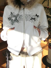 Fashion Trendy Y2k Women Hoodies Long Sleeve Stars Print Diamonds Zipper Fluffy Trim Hooded Autumn New Coat