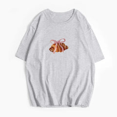 Bow And Horn Print White Summer T-shirt 2025 New Short Sleeve O-neck All-match Women Tee Top Streetwear Fashion Woman Clothing