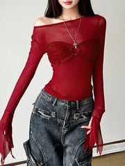Y2K Aesthetics Women Mesh Sheer Crop Tops Hotsweet Lace Splic Slim T-shirts E-girl Sexy Clubwear See through Blouses