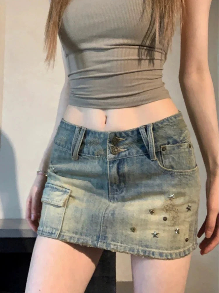 HOUZHOU Vintage Denim Mini Skirt Women Trashy Y2k 2000s Low Waist Sexy Star Rivet Distressed Slim Pencil Skirt Gyaru Streetwear