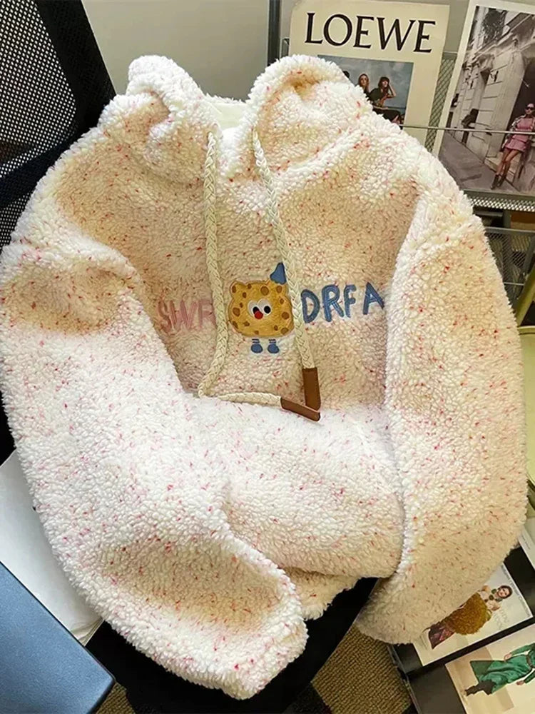 Winter Faux Lamb Sweet Coat Women Cute Cartoon Embroidery Warm Jacket Casual Loose Long Sleeve Korean Fashion Hooded Tops